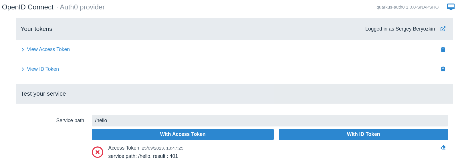 auth0 devui test accesstoken 401