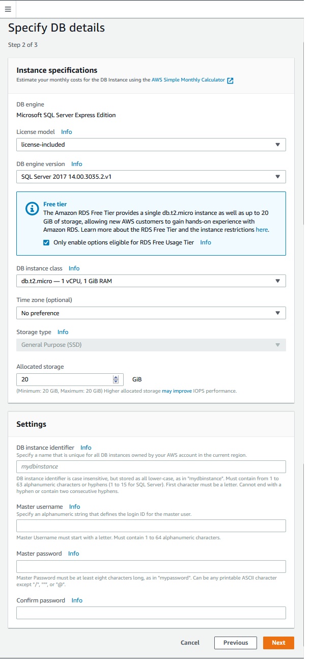 specify db details step 2