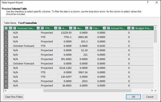 preview selected table