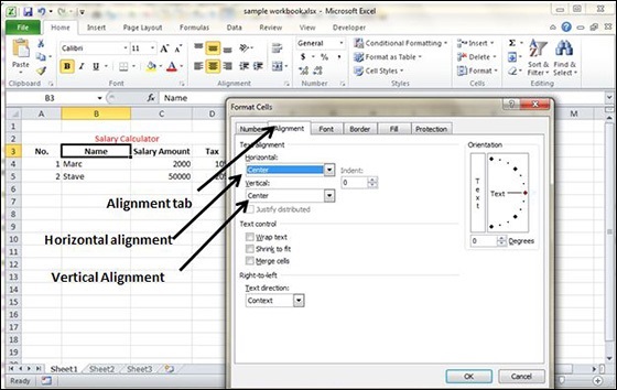 alignment from format cells