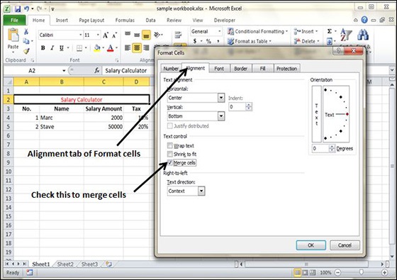 merge cells format cells