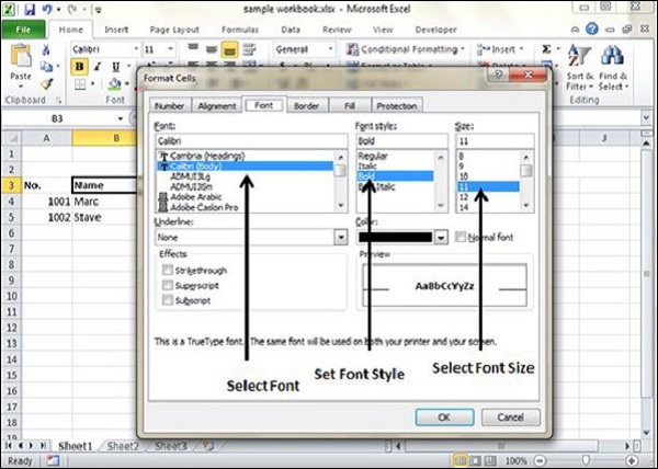 set font format cells