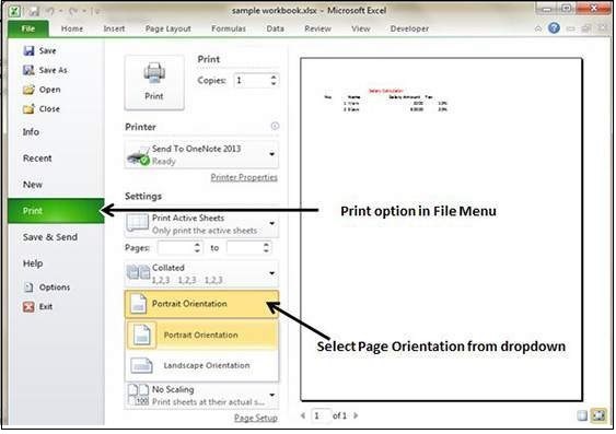 set page orientation file menu