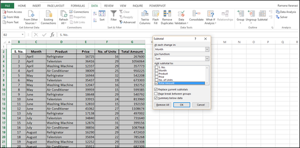 calculate subtotals