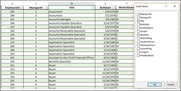 check boxes title and hiredate