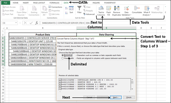 convert text to columns step1