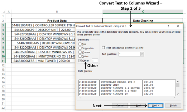 convert text to columns step2