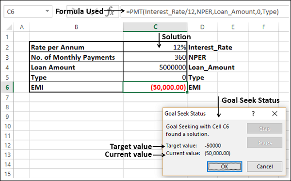 goal seek result