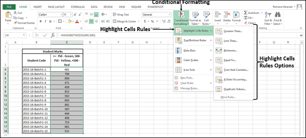 highlight cells rules