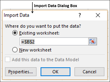 import data dialog box appears