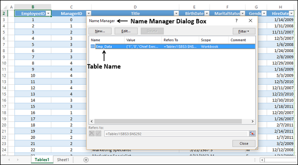 managing names in table