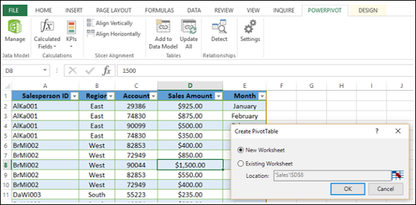 pivottable dialog box