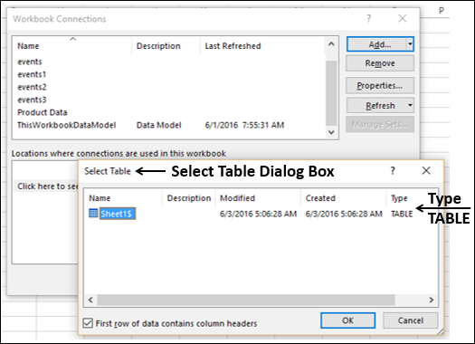 select table dialog box appears