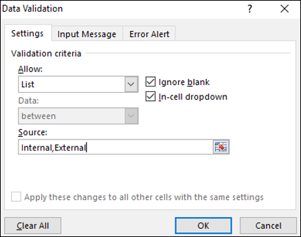 set validation values