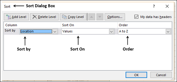 sort dialog box