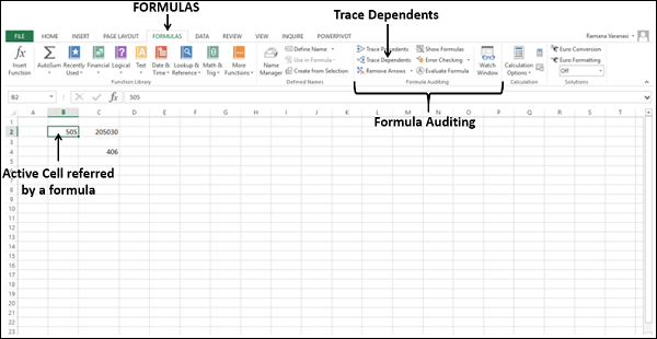 trace dependents in formula auditing