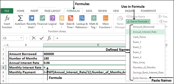 using names in formula