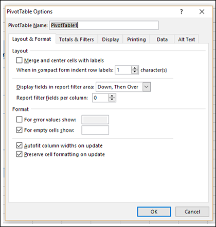 options dialog box