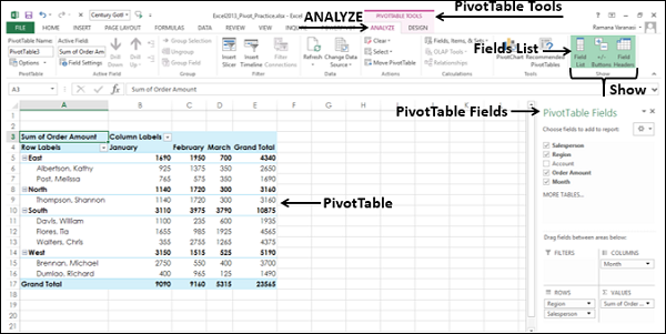 pivottables task pane