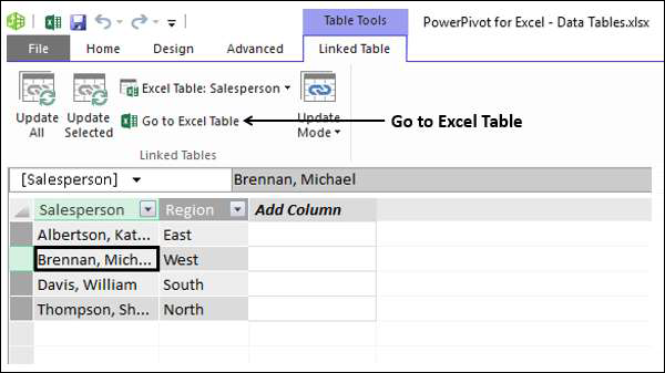 go to excel table