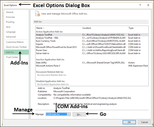 excel otions dialog box