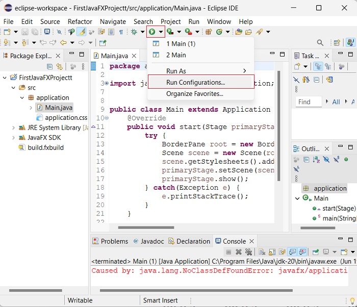 javafx run configurations