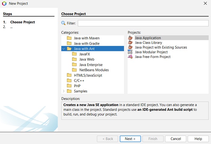 new project select java