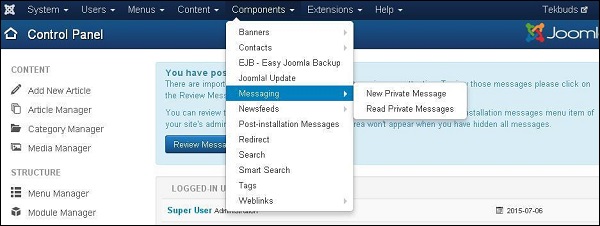 joomla componentmenu messaging