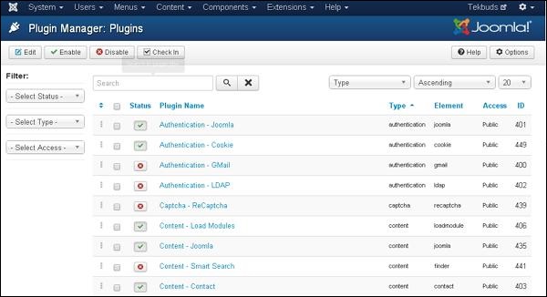 joomla extensionmenu pluginmanager