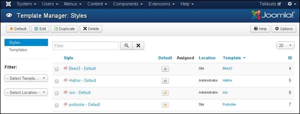 joomla extensionmenu templatemanager