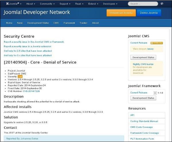 joomla helpmenu securitycenter