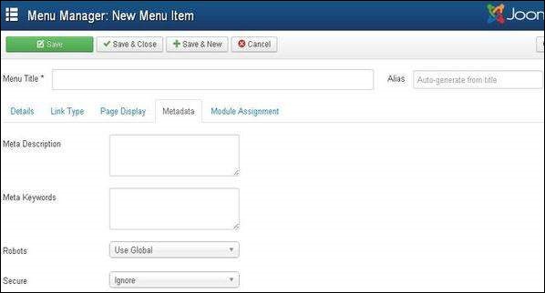 joomla menumanager metadata