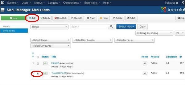 joomla modifymenuitems step2