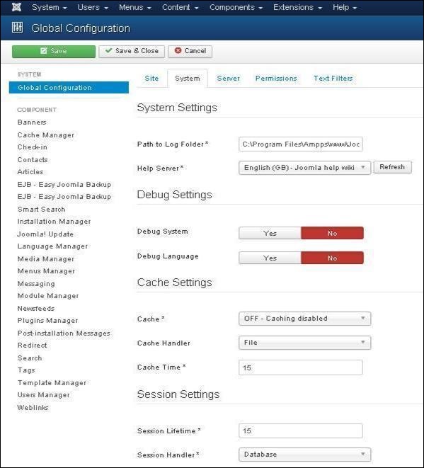 joomla systemsettings step2