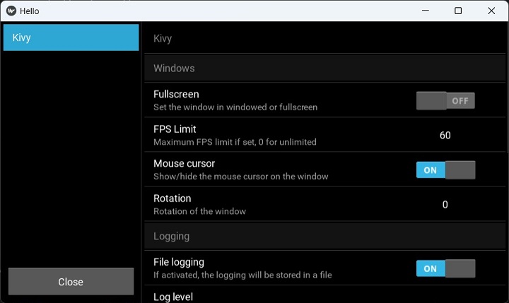 kivy settings panels