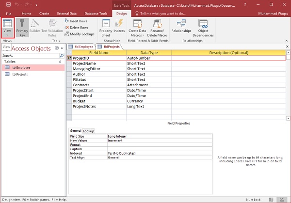 datasheet view