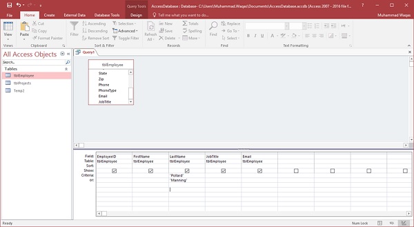 query result field