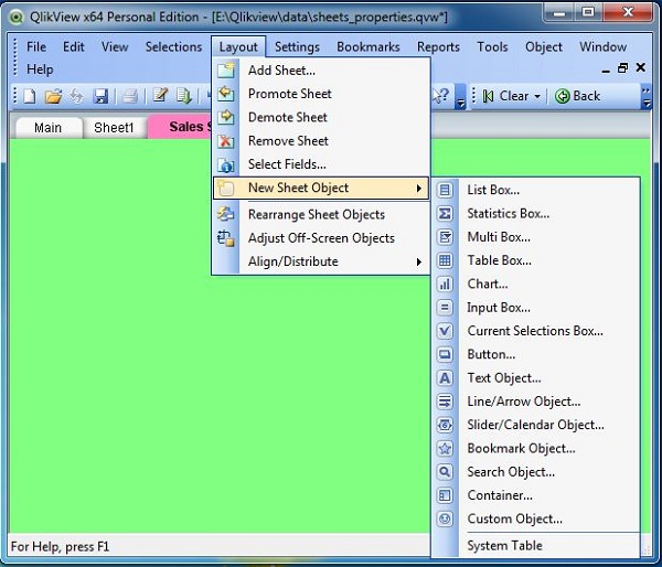 sheet objects menu