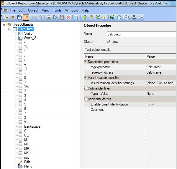 qtp object repository calc