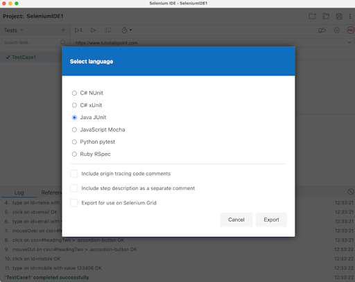 selenium ide code export 13