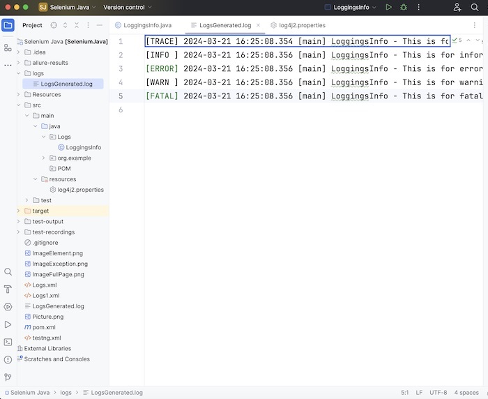 selenium log4j logging 3