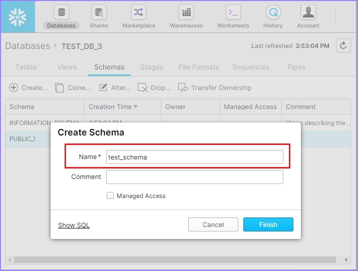 create schema dialog box