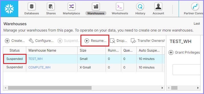 resume warehouse in suspended mode