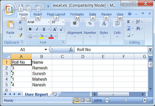 spring excel result