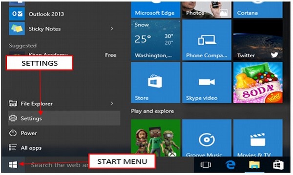 start menu and settings