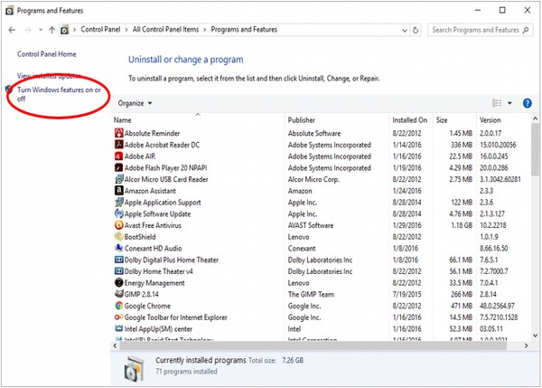 turn windows features